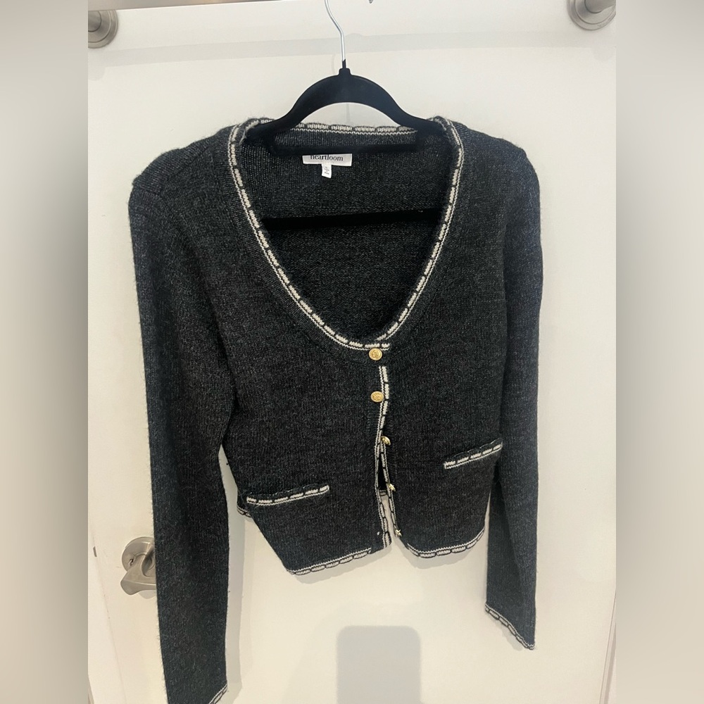 Charcoal Gray Cardigan with White Trim